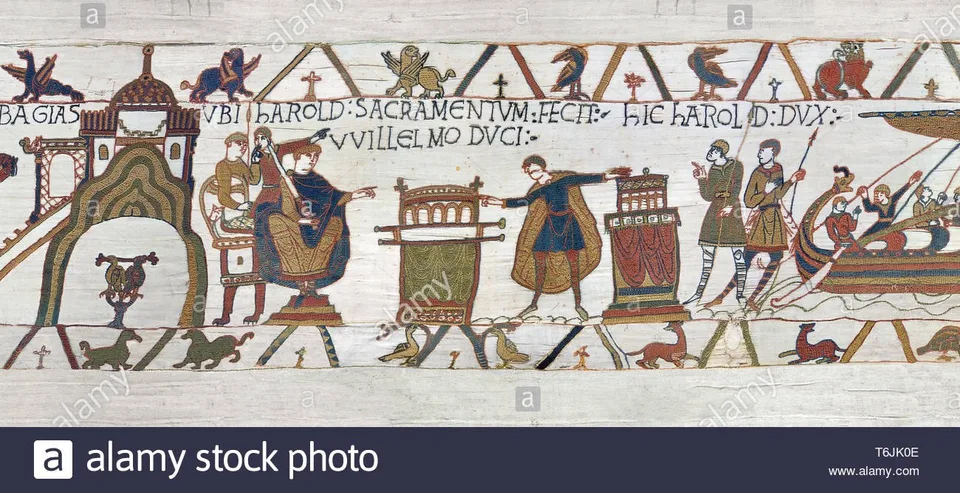 bayeux-tapestry-scene-23-at-bayeux-harold-holding-two-relics-swears-fealty-to-duke-william-T6JK0E.jpg